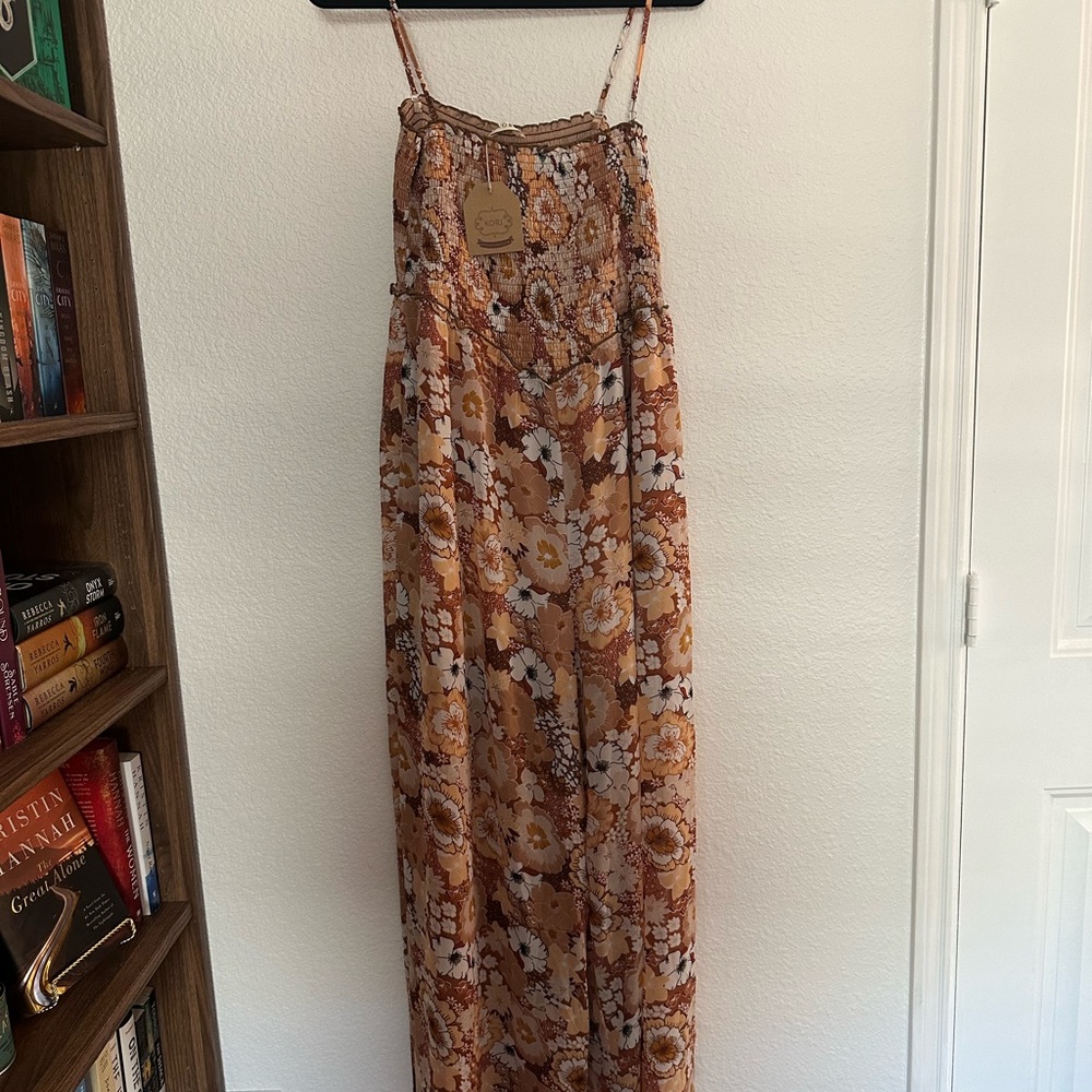 NWT Boho Flowy KORI Jumpsuit‎ L, Floral, Basque Waist, Ruffle, Cropped, Smocked